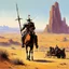 Placeholder: don Quixote with his lance as a desert nomad by Bruce Pennington, the fat Sancho Panza walks on his side