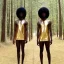 Placeholder: Twins only, black skin, tall and slender, long afro kinky hair,slanted almond shaped dark brown eyes, warrior wear holding spears. Gold accents on clothing surrounded by trees.