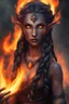 Placeholder: Fire Eladrin druid female. Hair is long and bright black part glows. Part of hair is braided and fire comes out from it. Big bright red eyes. Is generating fire with her hands and fire are coming our off them . Skin color is dark. Has a many big scar on face.