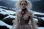 Placeholder: Hiper-realistic Close-up photo, Otherworldly, blonde Brown Actress knight Avant-Garde Eiko Ishioka-Iris Van Harpen translucent fluorescent fashion gown costume, Austrian Symbolism, arcane atmosphere, in the stormy sunrise mountains snowy River forest, by Sergei Parajanov movie