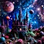 Placeholder: Detailed people, creepy castle made of modeling clay, stars, galaxy and planets, sun, volumetric light flowers, naïve, Tim Burton, strong texture, extreme detail, Max Ernst, decal, rich moody colors, sparkles, Harry Potter, bokeh, odd