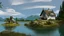 Placeholder: small gothic house built into a rock, lake, trees, arches, bridge, foliage, balconies, verandas, blue sky, white clouds