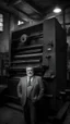 Placeholder: italian strong massive big chubby 50 year old man in smart gray suit, manly chest, unbuttoned shirt, short beard, shirtless, printer in an old printing house, next to a huge old printer, dim light, side light, ambient occlusion