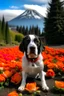 Placeholder: an ugly dog in petals with mount hood and a traffic cone in the background