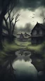 Placeholder: Old village with a pond in the middle of nature in the style of a horror film