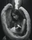 Placeholder: Prompt: An closeup portrait of a ultra-realistic black-and-white cinematic photograph with dramatic chiaroscuro lighting and a soft depth-of-field, inspired by fine art street photography. A guardian-like angelic woman with large, detailed wings crouches protectively in a narrow cobblestone alley, gently holding a sleeping Oriental Shorthair Siamese chocolate point cat in a clearly protective and caring posture, conveying safety, warmth, and compassion. The alley is enclosed by tall urban buildi