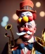 Placeholder: happy old friendly clown with round head and trimmed beard playing jazz with a steampunk theme, trumpet on mouth, circus,dreamy