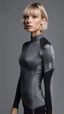 Placeholder: photography of a beautiful anorexic woman, grey satin triathlon top, sports illustrated, blond short wavy bob haircut, pronounced sternum, flat chest, anthracite cycling leggins