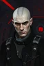 Placeholder: rough style painting of a cowboy male umbaran. he has a shaved head. His skin is grey pale and his eyes are dark. He is in a dark and red spaceship room. He wears black imperial suit.