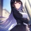 Placeholder: Clear focus,High resolution, Black long hair, Purple eyes, Wearing a maid outfit with a short skirt, blurry background, a seductive look on her face, seductive smile