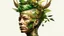 Placeholder: white background, punk 45 years old, forest on head, plant hair, green plants, golden birds, golden makeup, tattoo, shiny aura, very detailed, fine rendering, high detail, high resolution, 8K