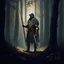 Placeholder: A medieval peasant armed with a spear. full body. Standing in front of a shadowy forest.