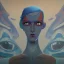 Placeholder: French surrealism animation art from 1970s, illustration of large blue alienoid creatures, mesmerizing, hallucinogenic tones, strange, creepy cutout style of animation of phantamosgoric giant blue alien with red eyes, Czech animation tradition, art by Roland Toper, Dali-esc environment, trance-like, Fantastic Planet aliens