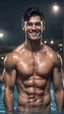 Placeholder: hyper realistic shirtless muscular extremely handsome short black hair man smiling & standing between a swimming pool at dark rainy night