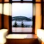 Placeholder: A polaroid photo of an odd room. There is a group of fir trees in the background and a high hill in the distance. A lake. The surface below is in a pastel color. Fog is present.