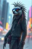 Placeholder: transparent sleek weasel rasta man with cute fur, in big cyberpunk city crossover, volume light and motion blur, airbrush and pen outline