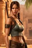 Placeholder: Realistic photo of young Lara Croft Tomb Raider character holding a pistol with an ancient tomb in the background