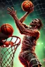 Placeholder: 13k, highly realistic and detailed image of a zombie as a NBA basketball player in action dunking the ball in the net, sweaty hair, screaming look,action and explosive background