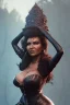 Placeholder: Pam Grier as evil queen in black leather, leather, busty, cleavage, angry, stern look. character design by cory loftis, fenghua zhong, ryohei hase, ismail inceoglu and ruan jia. unreal engine 5, artistic lighting, highly detailed, photorealistic, fantasy