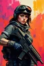 Placeholder: A trained female operative clad in tactical gear and armed to the teeth, set against a dramatic, high-contrast backdrop, painted in bold, vibrant acrylics reminiscent of the dynamic style of Ashley Wood, with the textured brushstrokes and expressive color palette of Frank Frazetta, and the graphic, high-octane energy of Syd Mead.