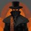 Placeholder: warlock, black hat, black mask with ash orange patterns, black trench coat with ash orange patterns, dark, ominous, ash orange, grey background, profile picture, simplistic design