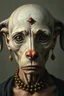 Placeholder: Busch painting style nightmare, an old Egyptian woman, her skin texture made of grey dog Webber with fire brown small dots , she is without hair or