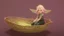 Placeholder: Fantasy style illustration: one small, cheerful fairy with golden hair, sitting in a small magical basket