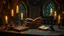 Placeholder: enchanted magic books and candles on fairy tale table in lair, orange, yellow, 8k, high quality, trending art, trending on artstation, sharp focus, studio photo, intricate details, highly detailed, by tim burton