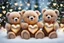 Placeholder: cute teddy bears holding hearts covered in sparkling gold glitter, beautiful winter composition, snowflakes, pine branches, Christmas ornaments and glowing Christmas lights