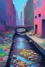 Placeholder: painting of a cyberpunk colourful natural walkway rubbish on the street in the city with pollution and a small bridge by a creek with electric sheep and androids by monet