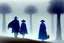 Placeholder: two people in capes and hats seen from behind walking side by side in an empty foggy plain, above there is blue sky by artist "Leonora Carrington"