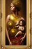 Placeholder: an abstract painting of gold metal and flowers, gold shinny African young mother breastfeeding her baby, rust, scaffolding, iron cladding, decay, mixed media, textured, anatomically correct, beautiful perfect face, sharp focus, highly detailed