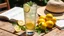 Placeholder: A tall glass of iced tea with lemon slices, filled with ice cubes, and garnished with a sprig of fresh mint. The glass is set on a wooden outdoor table with the sun shining, surrounded by a few lemons, a straw hat, and a book, capturing the essence of a relaxing summer day.