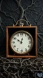 Placeholder: An old classic clock in a box without indicators in the background of black vein, human veins, mixing together a lot of them, like a forest, big and small veins a lot of them, an army helmet from WW2