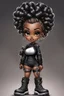 Placeholder: create an airbrush illustration of a chibi cartoon voluptuous black female wearing a black and silver outfit with timberland boots. Prominent make up with hazel eyes. Extremely highly detailed of a long wavy ombre bantu knots. Background of a bike show