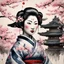 Placeholder: pretty 19 century geisha with Japanese pagoda and cherry blossoms in background, Abstract art, Kirby Krackle effect, traditional Japanese calligraphy scroll paintings, Japanese woodblock prints, by Shohei Otomo, ink washes over top both lines and fills, amazing beauty, hyperdetailed, watercolor and ink, ink splatter