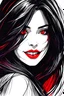 Placeholder: Scratchy pen strokes, blind contour, fisheye perspective closeup, beautiful girl vampire face in darkness, stark hatch shaded sketchy scribbly, ink, strong angular shapes, woodcut shading, pen strokes, cute smiling lips, sexy eyes, minimalist realistic, anime proportions, distorted perspective, some red colors