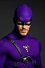 Placeholder: full-length, A portrait of a the Phantom, a man with piercing blue eyes, a chiseled jaw, goatee, timeless face, stern expression, Wearing a skintight formfitting purple cotton hero suit with a skintight cowl with a widows peak that fits tight to his head, but does not cover his face or his forehead , he wears a thin, black leather, bandit eye disguise over his eyes, black and blue diagonally striped trunks, dual-holstered pistol belt adorned with a triangle skull-shaped buckle, leg straps, boot