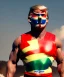 Placeholder: Realistic image of Donald trump wrestler, Mexican wrestling style, Mexican wrestling mask, red and blue breeches, glow us flag dress, suspenders, retro style, 80s, vibrant color, highly detailed, sky background, concept art, unreal engine 5, god rays, ray tracing, RTX, lumen lighting, ultra detail, volumetric lighting, 3d, finely drawn, high definition, high resolution.