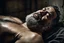 Placeholder: half figure shot photography of a sweat dirty marocan prisoner in cell sleeping lying down on a bed , manly chest, shirtless, muscular strong chubby 56 years old, low lights, ajar mouth, long beard, misery and poverty, dim light enters from a skylight above, lights from above, photorealistic, ambient occlusion, aerial view