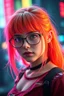 Placeholder: a pretty cyberpunk girl, bright hair, storyteller and dreamer, young, futuristic, dystopia, glasses