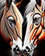 Placeholder: Horse symmetrical design symmetrical eyes symmetrical ear symmetrical frontal view ink art colours orange cream white and black hyper-detailed realistic 8k