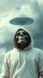 Placeholder: The creature from the the movie Prometheus with white hooded clothes looking at ufo in the sky front view