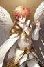 Placeholder: An anime adult male angel with messy red hair, gold eyes, large feathered white wings that looked burned