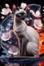 Placeholder: breathtaking cinematic 3D render illustration of a slender purebred Siamese cat, featuring its iconic wedge-shaped head, large ears, piercing blue eyes, and a mesmerizing smooth flat coat. The cat is surrounded by delicate apple blossom flowers and framed by intricate line art, highlighting its fine details. The composition bursts with vibrant splashes of fire and ice, seamlessly blending these elements. Dynamic water splashes add drama, and a black background accentuates the rich color palette