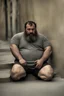 Placeholder: macho chubby ugly muscular sicilian man in the darkness, sleeping relaxed sitted on an little empty street, 33 years old, bulging dirty tracksuit, dirty, bullneck, hands behind the neck, manly chest, very hairy, ajar mouth, long beard, big shoulders, relaxed, photorealistic, well defined facial features, half figure photography, big nose, in the night, misery and poverty, view angle from the ground, dim side light