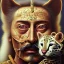 Placeholder: Salvador Dali with his pet ocelot Babou , hypperealism , surrealism , outlandish , extreme, high definition , high detailed, vivid deep colours,triple colors complex, oil on canvas ,8k portrait,sharp,beautiful faces ,beautiful eyes ,elegant moustache, focus, close up, fantasy view ,masterpiece, by Salvador Dali .