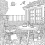 Placeholder: GARDEN HOUSE, "Teatime Tranquility: Capture the essence of a peaceful garden teatime scene, realistic, coloring page, only draw lines, coloring book, clean line art, wildlife-inspired, kid style, –no sketch, color, –ar 3:4, white background, minimalistic black lines, 8k, minimal black color, low level black colors, coloring page, use pure black and white colors, avoid thick black colors, thin black line art, avoid colors, perfect shape, perfect clear lines, clear edges,