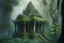 Placeholder: An old wooden Hindu temple overgrown with vines, in a forest, mist