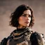 Placeholder: beautiful sexy caucasian female soldier, black metal body and limbs, visible cybernetic limbs, scratched sand camo, no armor, short brunette wavy bob haircut, dystopian, desert scene